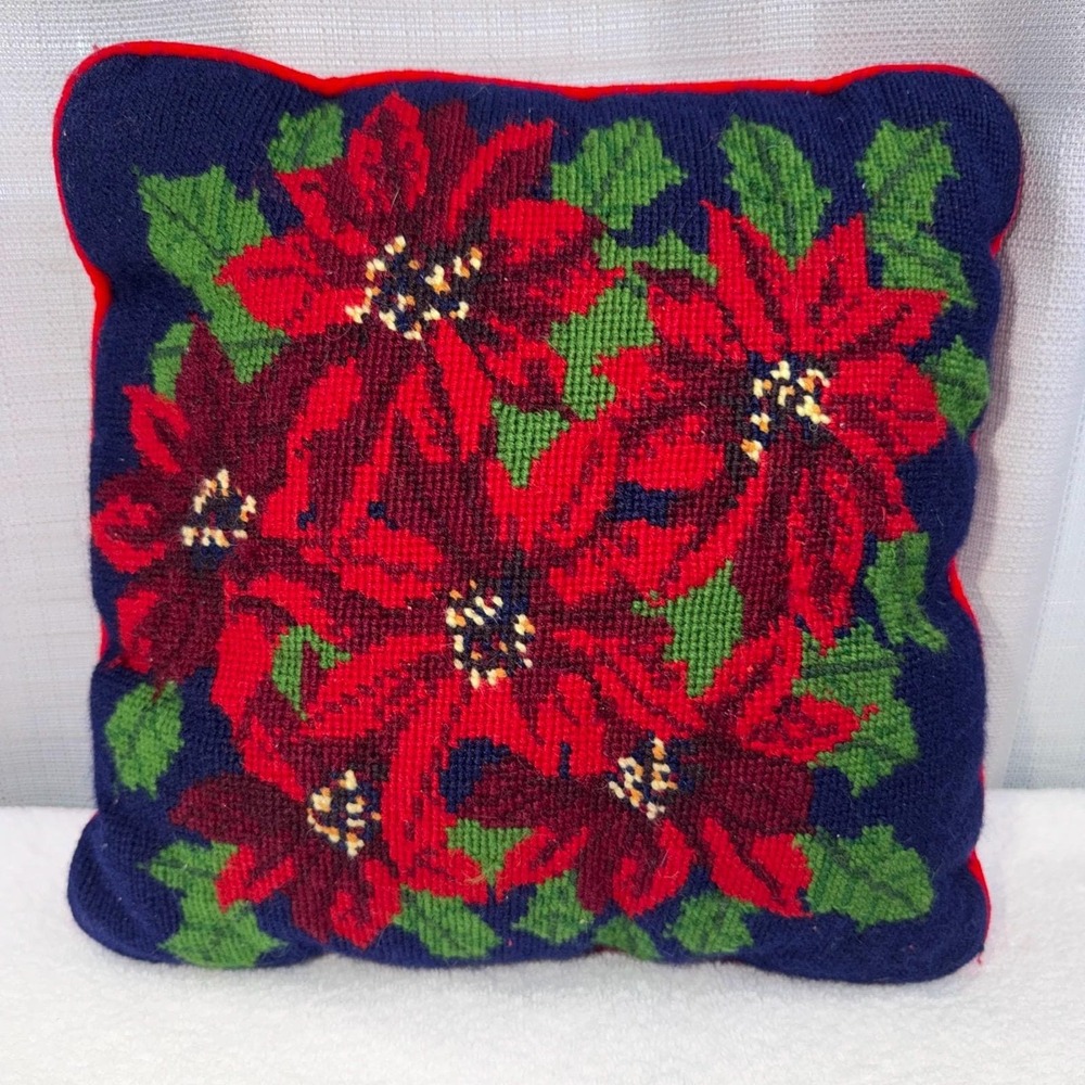 Vtg Needlepoint Throw Pillow Poinsettias Navy Red & Green Cottagecore Christmas